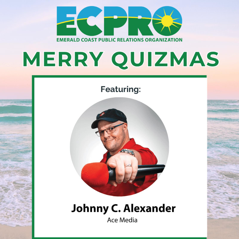 A man holding a microphone is featured in a circular frame against a white square, set against a background of a beach and ocean with the "ECPRO" logo and "MERRY QUIZMAS" text above.