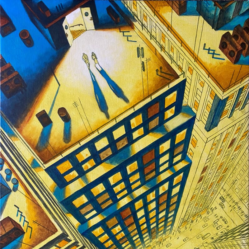 Two legs dangle over the edge of a yellow rooftop in the foreground, overlooking a steep drop to a city street and surrounding buildings in the background.