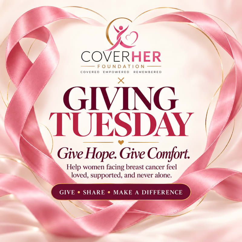 A pink satin ribbon frames a central announcement for Giving Tuesday by the CoverHer Foundation against a soft, white textured background.