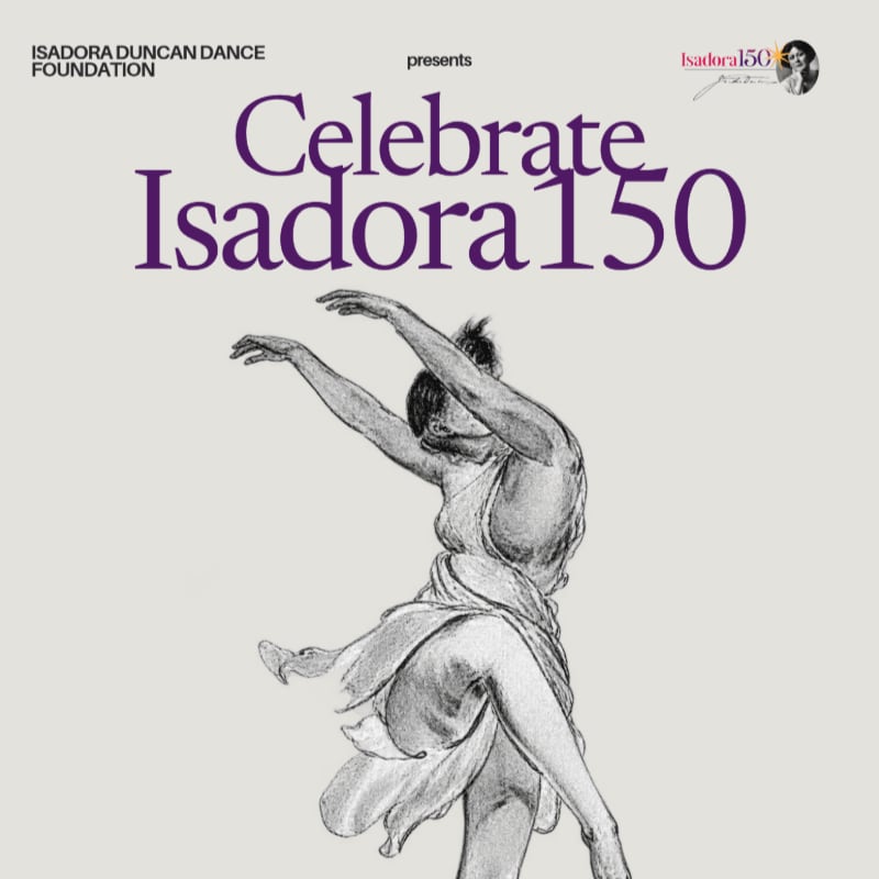 A sketch of a dancing woman in a flowing dress is positioned in the foreground against a light grey background featuring the text "Celebrate Isadora 150."