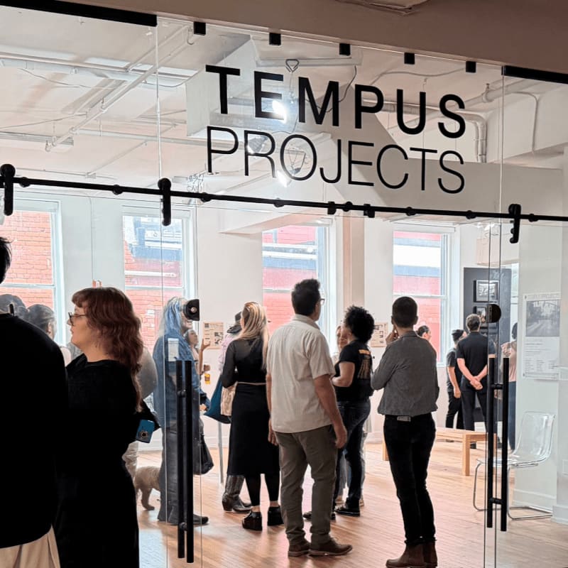 A crowd of people gathers inside an art gallery behind a glass door labeled "TEMPUS PROJECTS."