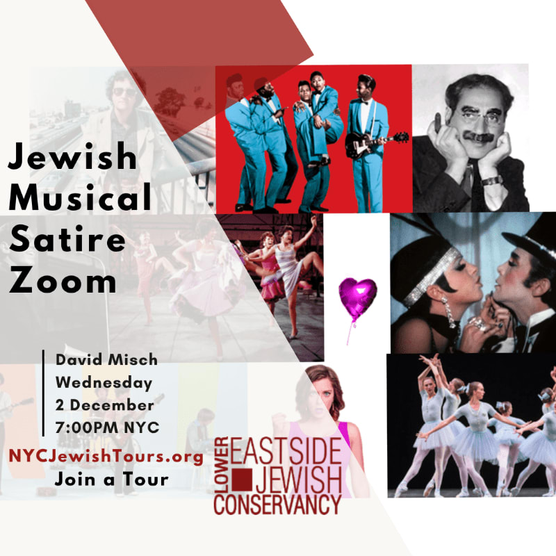 Text announcing a "Jewish Musical Satire Zoom" event is overlaid on a collage of musical and theatrical images, including performers in blue suits, ballet dancers, and a couple kissing.