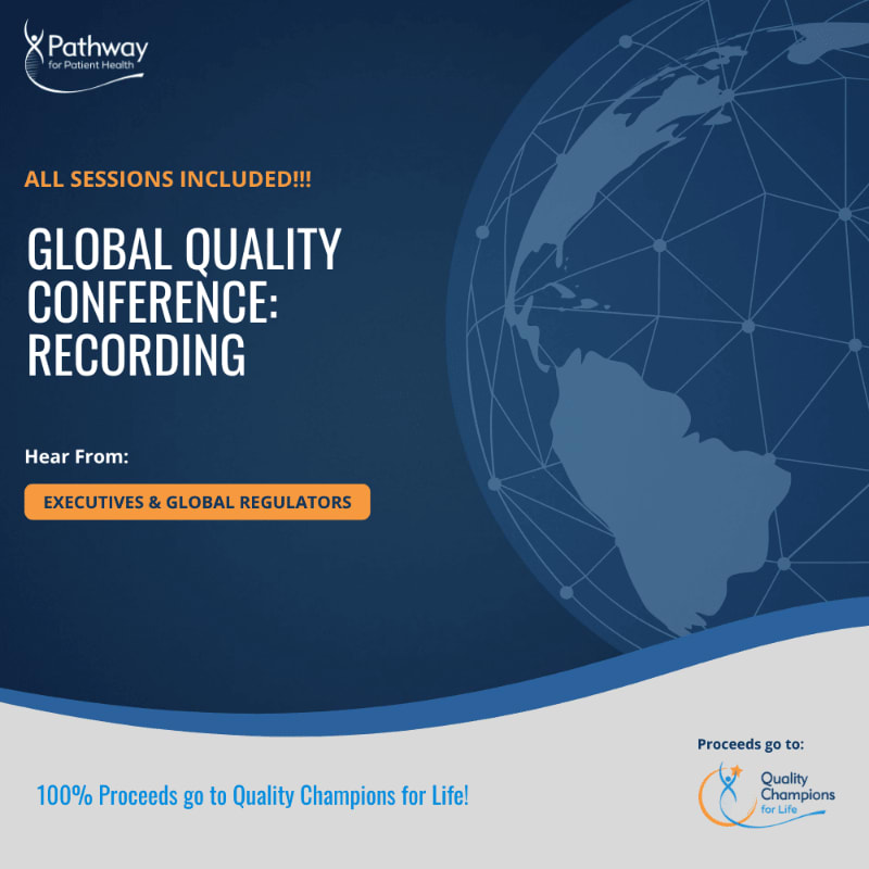White and orange text promoting a global quality conference recording sits in the foreground against a dark blue background featuring a stylized wireframe globe.