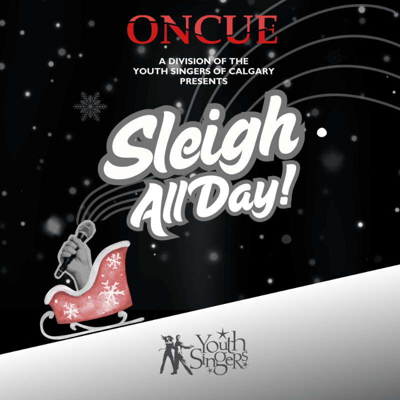 A hand holding a microphone emerges from a red sleigh in the foreground, set against a black starry night background with the text "Sleigh All Day!" and "ONCUE."