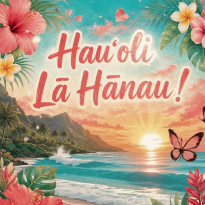 Tropical flowers and a butterfly frame a sunset beach scene with the words "Hau'oli Lā Hānau!" written across the sky.