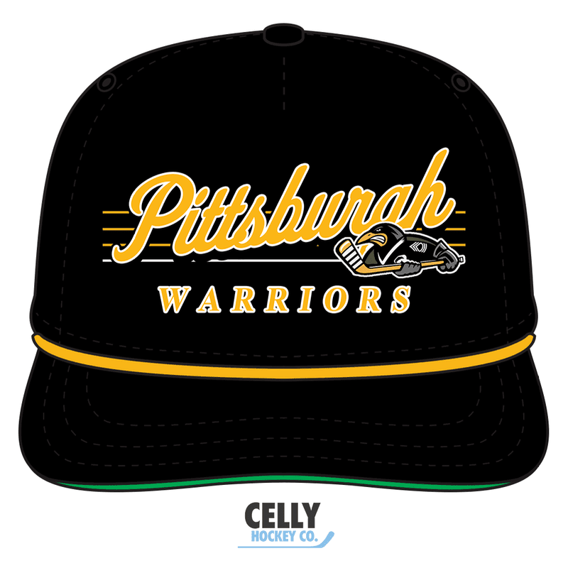 A black baseball cap featuring yellow "Pittsburgh Warriors" text and a penguin mascot is centered against a plain white background.