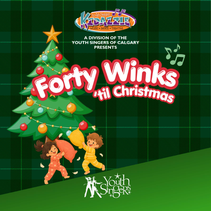 Two children in pajamas play with pillows in the foreground, set against a decorated Christmas tree and a green plaid background.
