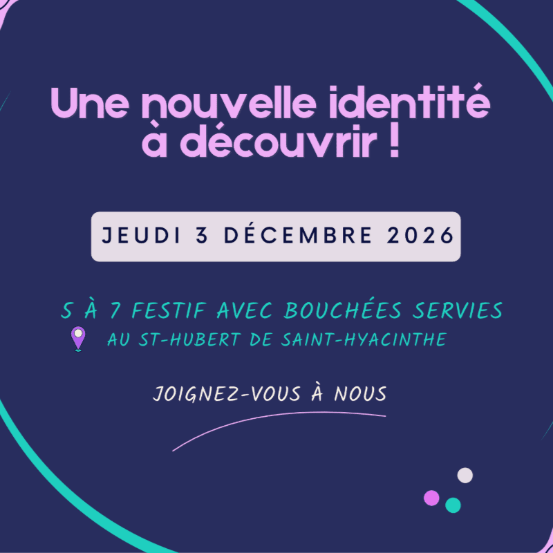 White and pink French text announcing an event on December 3, 2026, is centered over a dark purple background accented by a teal curved border.