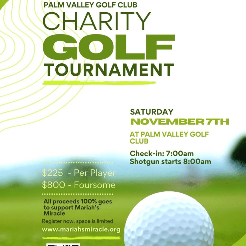 A golf ball rests in the foreground of a flyer for the Palm Valley Golf Club Charity Golf Tournament, set against a blurred green background with contour lines.