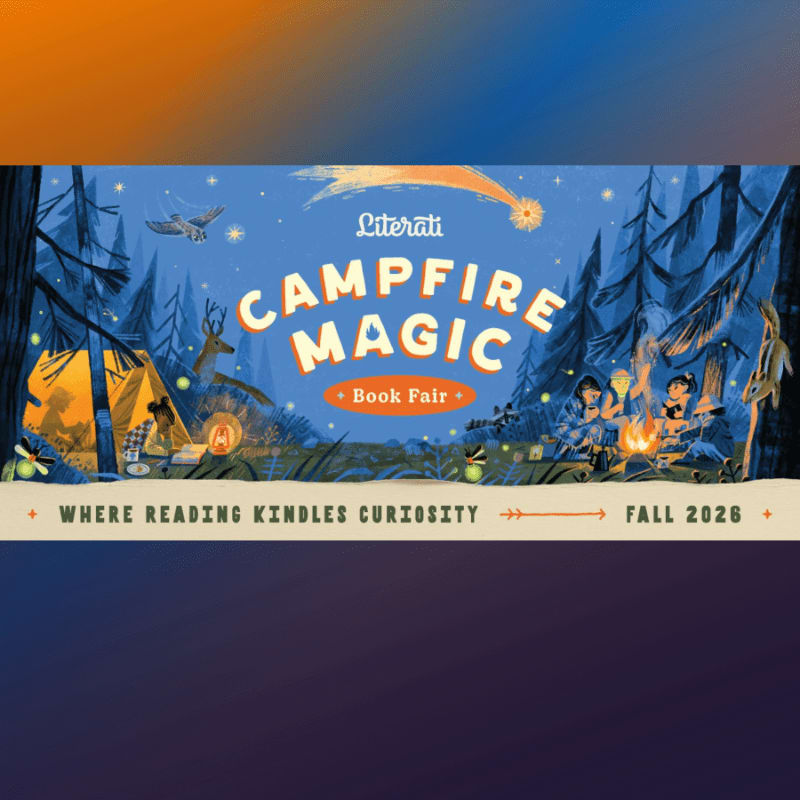 Children gather around a campfire and a tent in the foreground, set against a backdrop of a starry night sky and a dense pine forest.