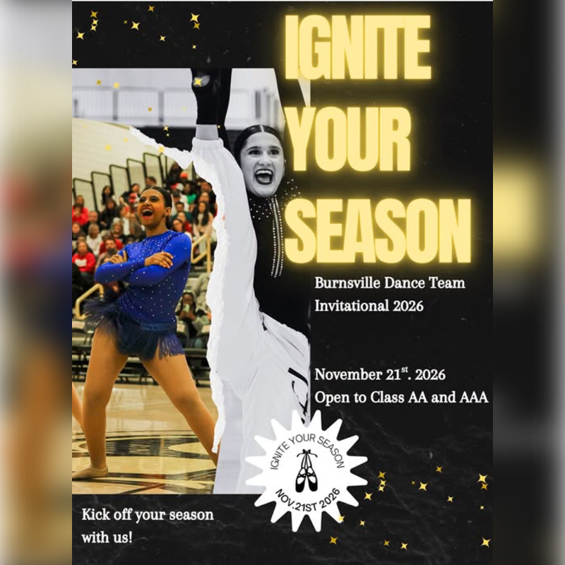 A promotional poster for the Burnsville Dance Team Invitational 2026 features two dancers in the foreground against a dark background with gold text and stars.