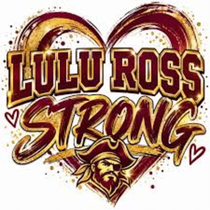 Bold gold and maroon text reading "LULU ROSS STRONG" and a pirate illustration sit in the foreground against a stylized heart-shaped background.