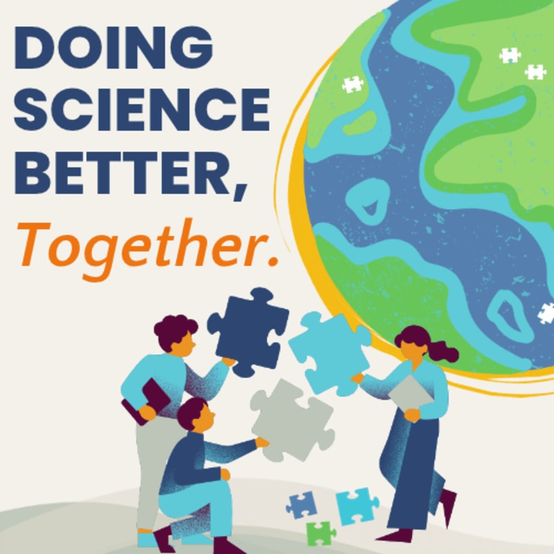 Three people assemble large puzzle pieces in the foreground against a background featuring a stylized globe and the text "DOING SCIENCE BETTER, Together."