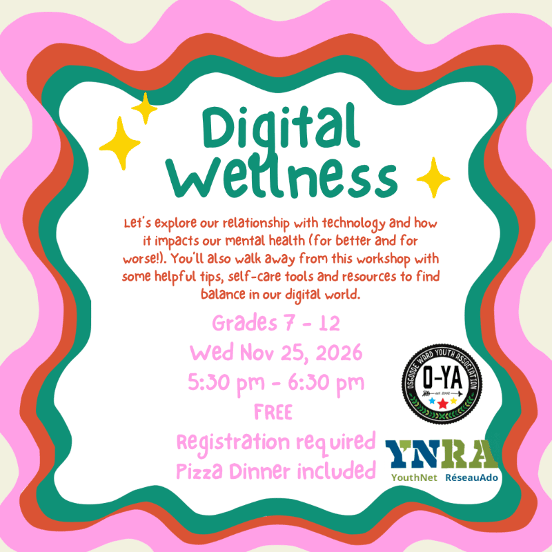 A "Digital Wellness" workshop flyer with colorful text and event details in the foreground, set against a wavy, multi-colored pink, red, and green border.