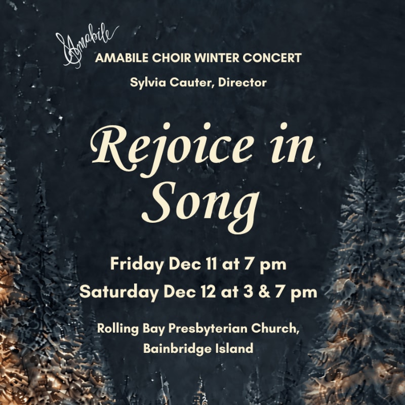 White text announcing the "Rejoice in Song" winter concert is layered over a dark, snowy background featuring frosted evergreen trees.