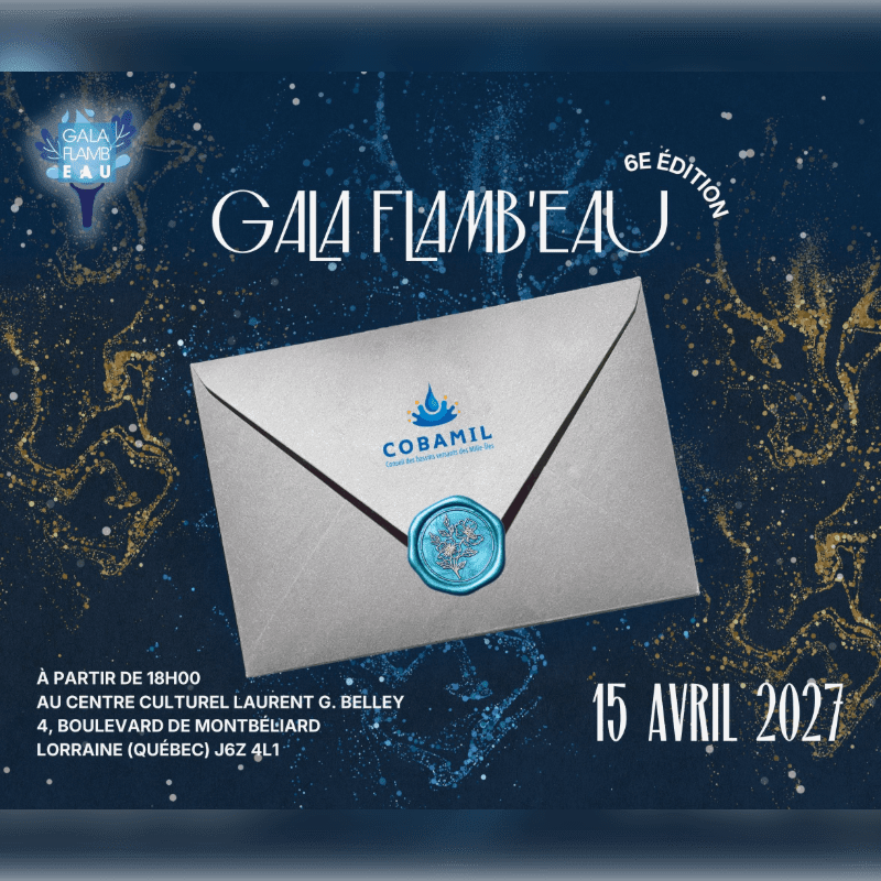 A white envelope with a blue wax seal and the COBAMIL logo sits centered against a dark blue, sparkling cosmic background featuring the text "GALA FLAMB'EAU" and event details.
