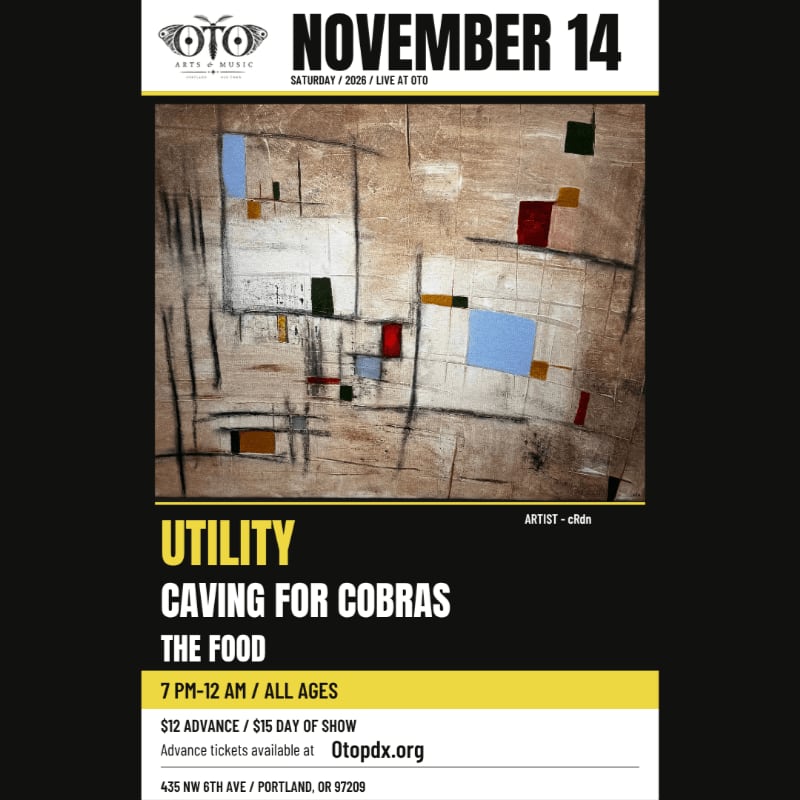 An abstract painting with colorful geometric shapes and dark lines sits centered against a black and white promotional flyer for a musical event.