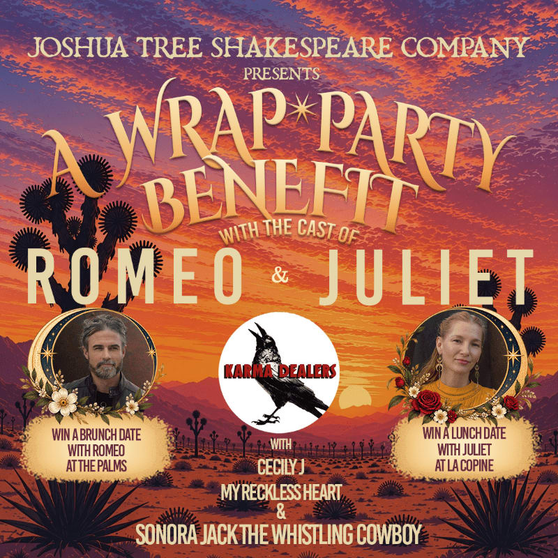 A promotional flyer for a "Romeo & Juliet" wrap party benefit features stylized text and portraits of the actors set against a desert landscape with a vibrant sunset sky.