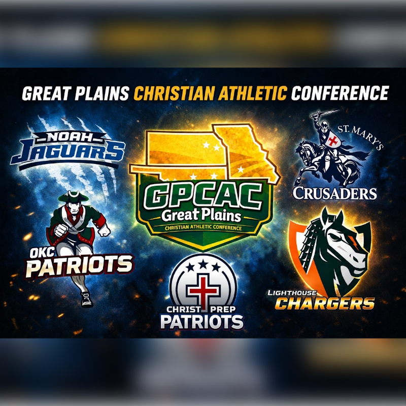 Various sports team logos and the GPCAC emblem are displayed in the foreground against a dark, starry cosmic background.
