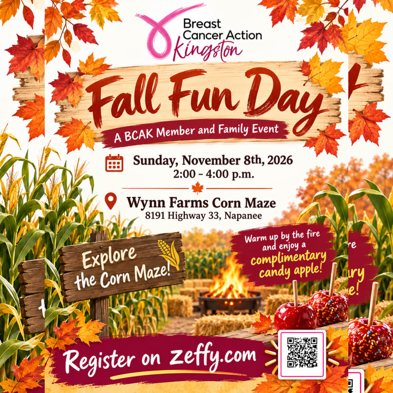 A promotional flyer for a "Fall Fun Day" event features candy apples and a campfire in the foreground, with a corn maze and autumn leaves in the background.