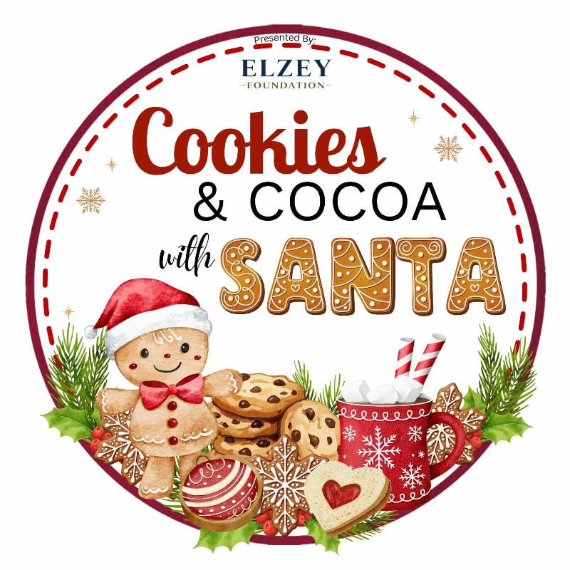 A gingerbread man and cookies are in the foreground, with the text "Cookies & Cocoa with Santa" and festive snowflakes in the background.