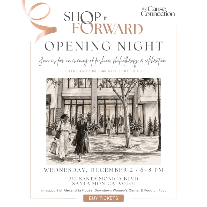 An event flyer for "Shop it Forward Opening Night" features a sketch of people shopping in front of a storefront in the center, surrounded by event details and a gold ribbon in the upper left.