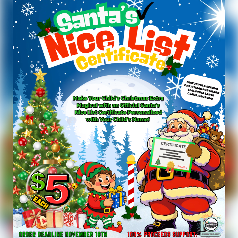 Santa Claus, an elf, and a decorated Christmas tree stand in the foreground against a snowy night background with a large moon and falling snowflakes.