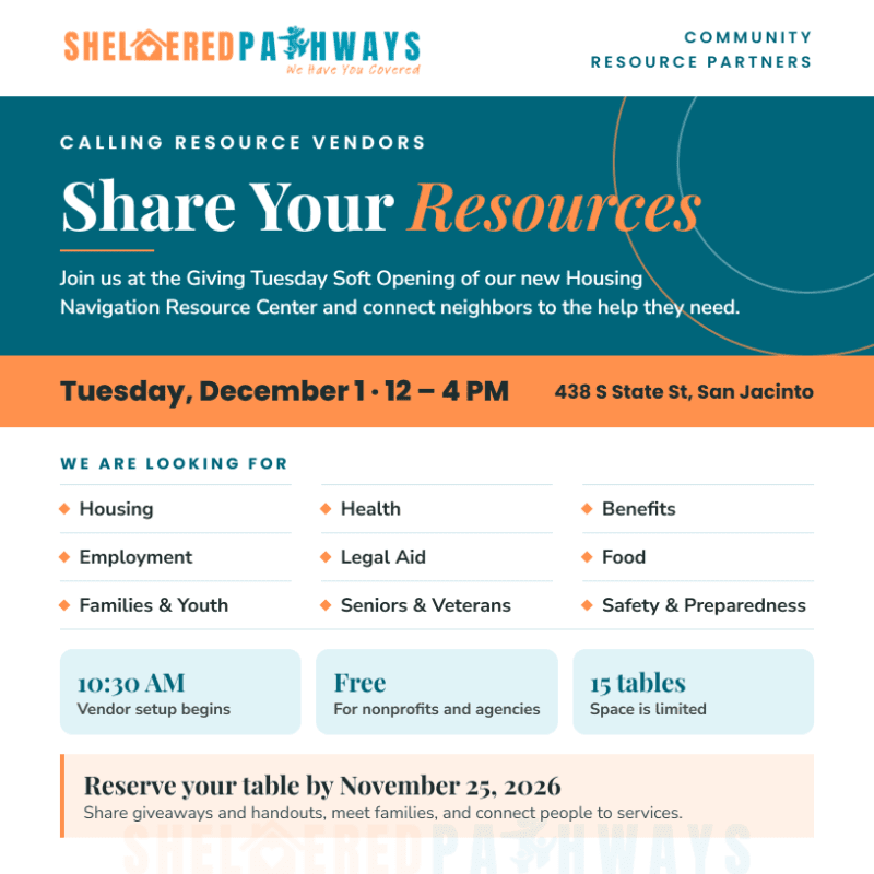 A promotional flyer for "Sheltered Pathways" features a teal and orange color scheme with event details and a list of sought-after resource vendors against a white background.