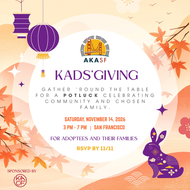 An event flyer for "Kads'Giving" featuring a central white circle with text, framed by purple lanterns, autumn leaves, and a purple rabbit against a soft peach background.