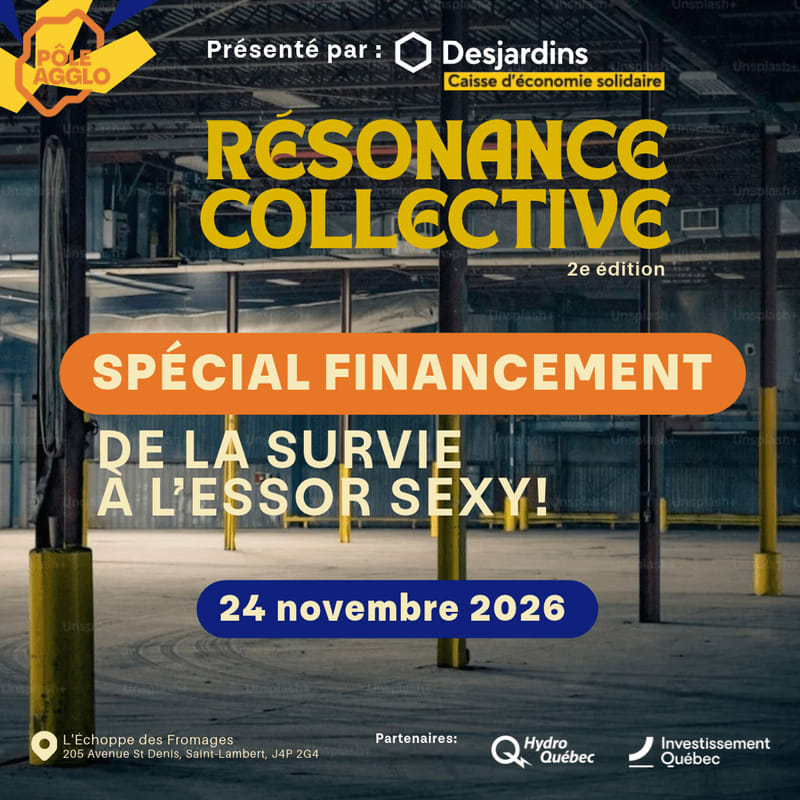 Bold yellow and white text promoting an event overlays a blurred industrial warehouse interior with concrete floors and support pillars.