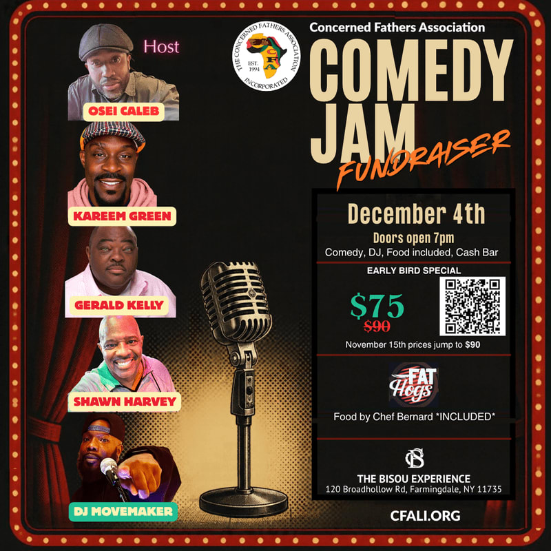 A promotional flyer for a "Comedy Jam Fundraiser" features a vintage microphone and headshots of performers in the foreground against a dark, textured background with event details.