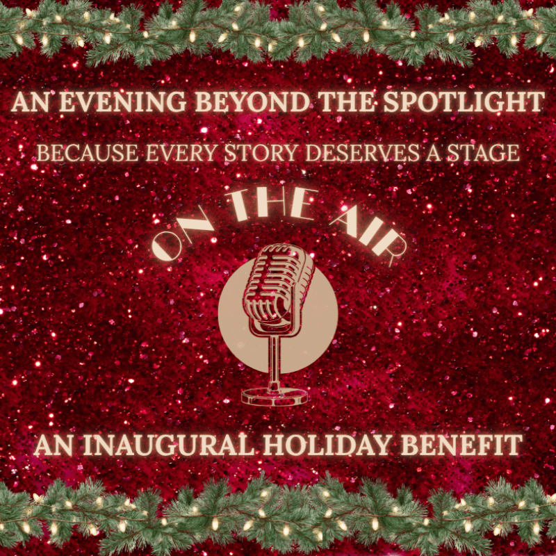 White text and a vintage microphone graphic are centered over a sparkling red background framed by festive evergreen garlands.