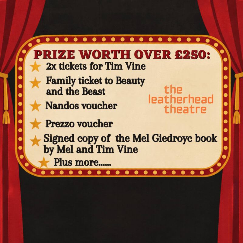 A prize list from the Leatherhead Theatre is displayed on a marquee in the foreground, set against a background of red stage curtains and a black backdrop.