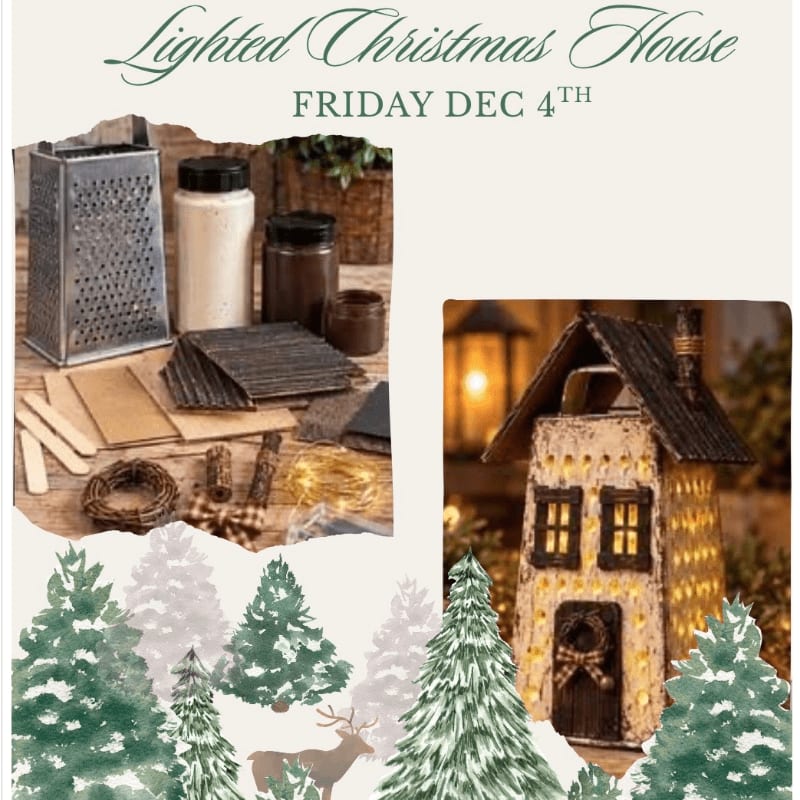Crafting materials and a finished lighted miniature house are displayed against a background of stylized evergreen trees and a deer.