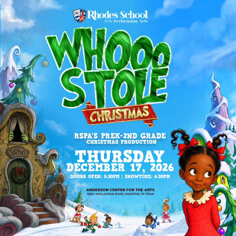 A young girl in a red dress stands in the foreground of a colorful promotional poster for a school production of "Who Stole Christmas," set against a whimsical winter landscape with a small house and snowy hills.