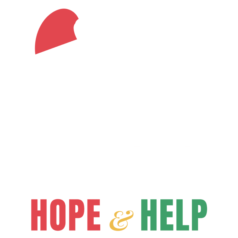The words "HOPE & HELP" in red, yellow, and green appear at the bottom against a plain white background with a red abstract shape in the upper left.
