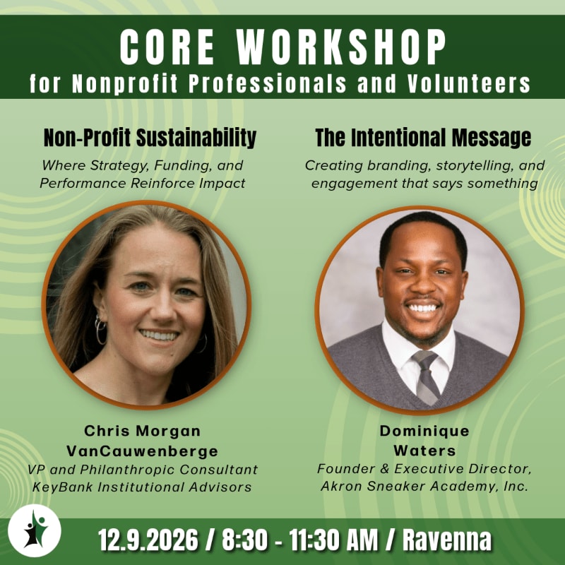 A promotional flyer for a "Core Workshop" features headshots of Chris Morgan VanCauwenberge and Dominique Waters in the foreground against a light green textured background.