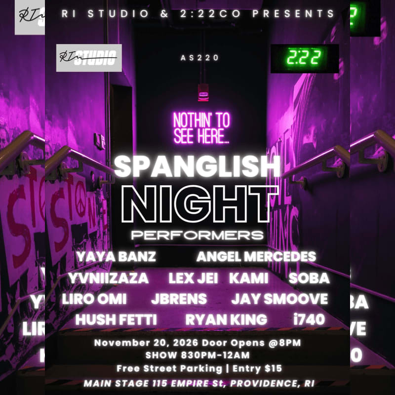 White text announcing "Spanglish Night" and a list of performers is overlaid on a purple-lit hallway with metal railings.