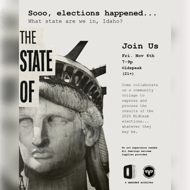 A black and white event flyer features a cropped image of the Statue of Liberty in the foreground against a plain white background with event details and text.