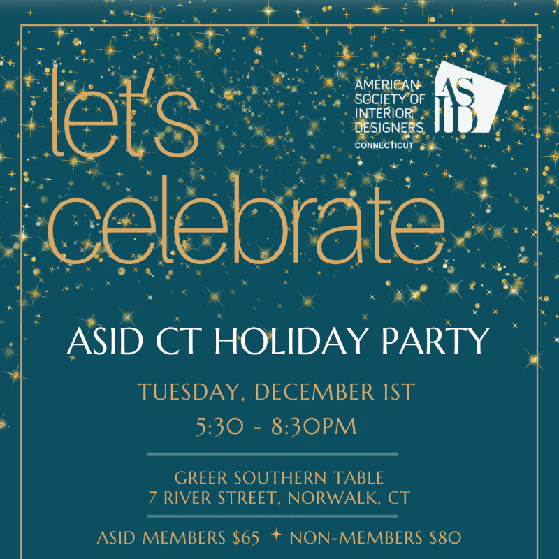 Gold text announcing the ASID CT Holiday Party is centered in the foreground against a deep teal background filled with shimmering gold sparkles.