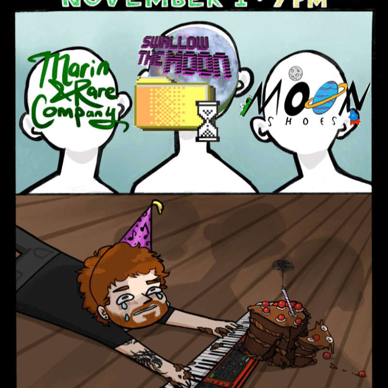Three stylized figures with text on their faces stand in the top panel, while a crying man in a party hat lies next to a fallen cake and a keyboard in the bottom panel.