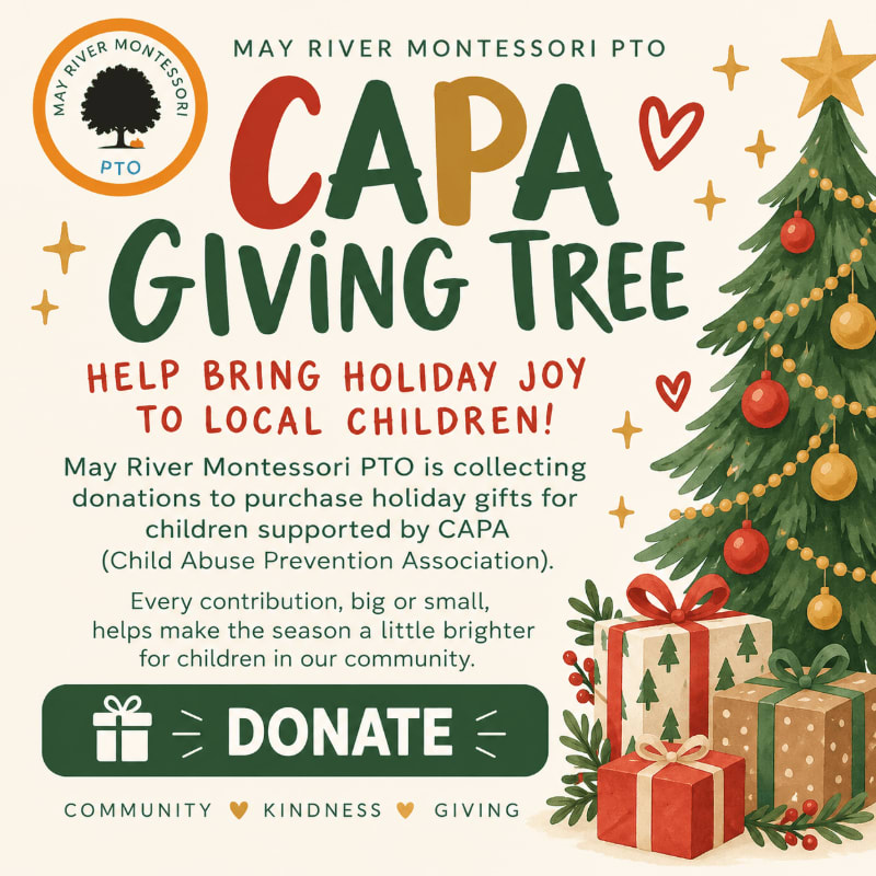 A promotional flyer for the CAPA Giving Tree features a decorated Christmas tree and wrapped gifts in the foreground against a white background with descriptive text and a donation button.