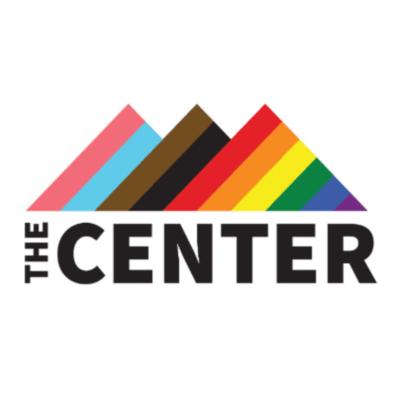 Three stylized mountain peaks, colored with the progress pride flag and the Philadelphia pride flag, rise above the bold black text "THE CENTER" on a white background.