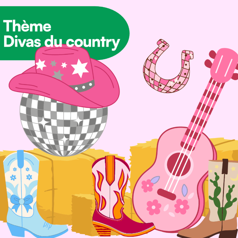 A pink cowboy hat, disco ball, colorful boots, and a pink guitar sit in the foreground against a background of hay bales and a light pink sky.