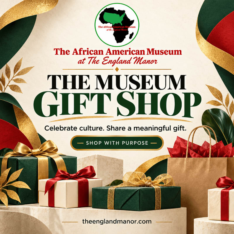 Wrapped gift boxes and a shopping bag sit in the foreground against a cream background featuring bold text and decorative gold and green ribbons.