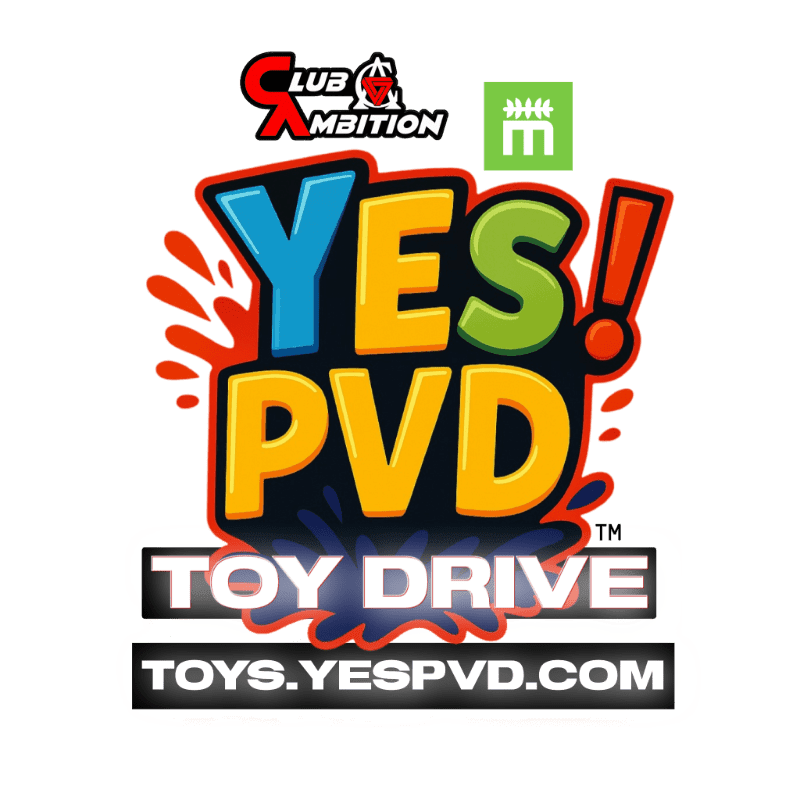 Colorful "YES! PVD TOY DRIVE" text and a website URL are centered in the foreground against a plain white background.