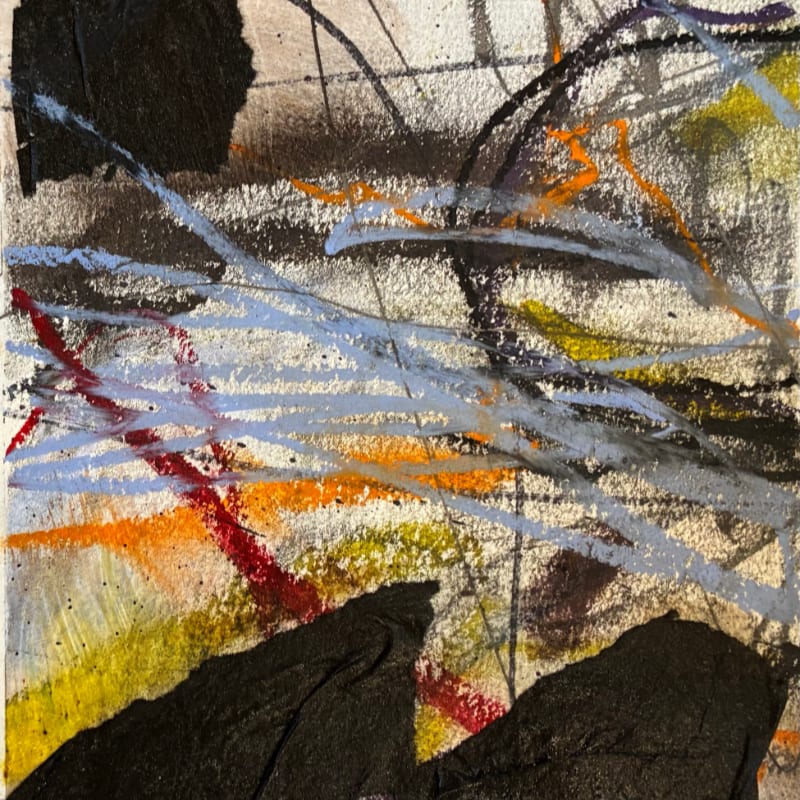 Dynamic streaks of blue, orange, and red paint swirl across a textured grey and white background accented by bold black shapes.