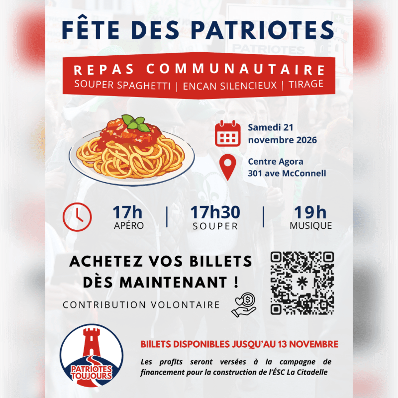 A promotional flyer for "Fête des Patriotes" featuring a plate of spaghetti and event details in the foreground against a blurred background of a crowd.