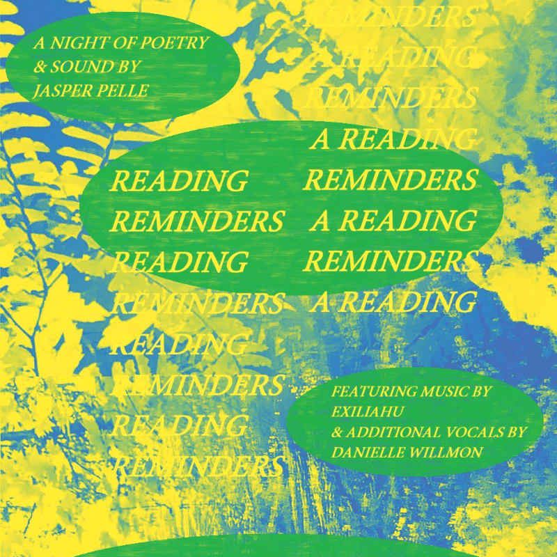 Green oval text boxes containing event details overlay a high-contrast yellow and blue abstract nature background.