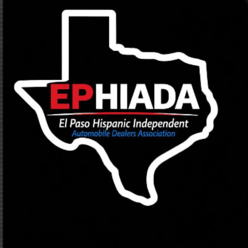 A white outline of Texas contains the red and white text "EPHIADA" and smaller blue text reading "El Paso Hispanic Independent Automobile Dealers Association" against a black background.